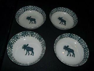 4 Tienshan Folk Craft Moose Country Cereal Or Soup Bowls Green Spongeware