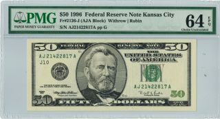 1996 $50 Pmg 64 Epq Federal Reserve Note Kansas City Fr 2126 - J ☆☆ 817