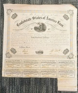 Rare 1863 Confederate States Civil War $100 Bond Certificate North Carolina Usa