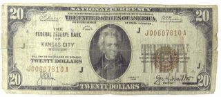 1929 National C $20 Federal Reserve Bank Of Kansas City Missouri Sn J 00607810 A