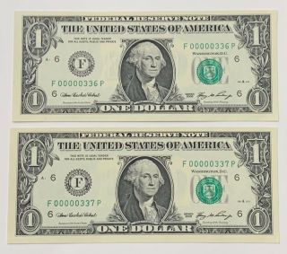((three Digit))  2 Consecutive Uncirculated $1 2006 Low Serial Number Notes