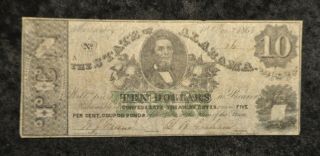 1864 Confederate State Of Alabama $10 Note Currency Cr 14 Low 16