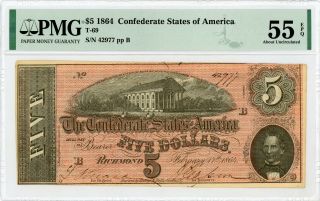 1864 T - 69 $5 The Confederate States Of America Note - Civil War Era Pmg 55 Epq