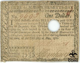 1780 United States $1 Note State Of Massachusetts Bay Colonial Currency No.  9693