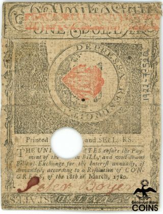 1780 United States $1 Note State of Massachusetts Bay Colonial Currency No.  9693 2