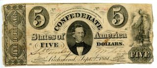 1861 $5 Confederate Currency T - 34