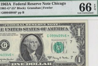Vg09940946 1963a 1 Dollar Federal Reserve Star Note,  Pmg 66 Gem Uncirculated