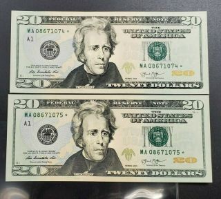 2 Consecutive 2013 $20 Frn Federal Reserve Star Replacement Note Low Serial