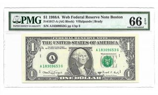 1988a $1 Boston " Web " Frn,  Pmg Gem Uncirculated 66 Epq,  Plates 4/6,  Run 3,  A/g