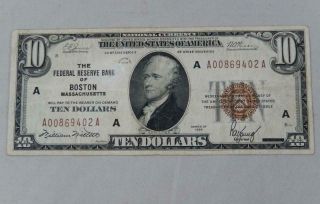 Series 1929 $10 Ten Dollars Federal Reserve Note Frn A Boston P0334