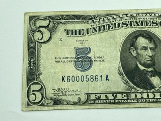 1934 A $5.  00 U.  S Note Yellow Seal K60005861A FROM A LARGE ESTATE WE ARE 3