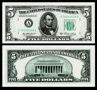 1950 - A $5 Dollar Bill Frn Green Seal Crisp Gem Uncirculated