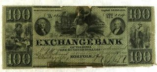 Pre Civil War Exchange Bank,  Norfolk,  Virginia $100 Note 1857