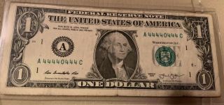 2013 $1 One Dollar Bill Rare Binary Near Solid Serial Number 44440444 Of A Kind