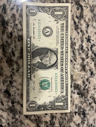 Star Note 1 Dollar Bill 2013 Low Serial Number