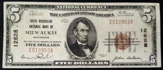 1929 $5.  00 National Currency,  The Sixth Wisconsin National Bank Of Milwaukee,  Wi
