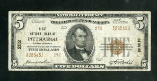 Us Paper Money 1929 $5 National Pittsburgh Pa 252