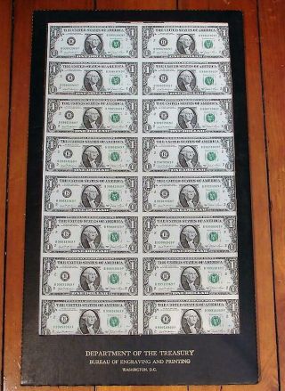1981 $1 Dollar Bill Notes Uncut Sheet Of 16 York,  Ny In Dot Holder