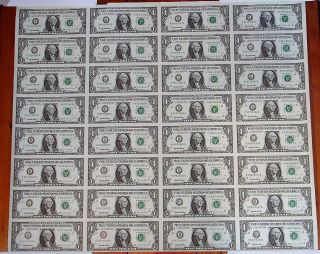 1995 $1 Dollar Bill U.  S Paper Currency Notes Uncut Sheet Of 32 Dallas,  Tx