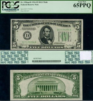 Fr.  1956 D $5 1934 Federal Reserve Note Mule Cle D - A Block Gem Pcgs Cu65 Ppq