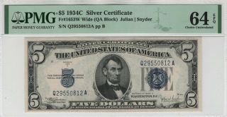 1934 C $5 Silver Certificate Note Fr.  1653w Wide Qa Block Pmg Choice Unc 64 Epq