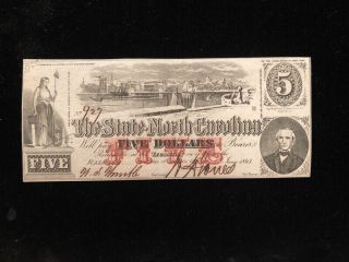 1863 Civil War Confederate Currency $5 Note The State Of North Carolina