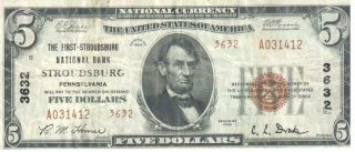 1929 $5.  00 National Note,  Type 2,  The First - Stroudsburg National Bank,