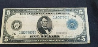 1913 $5 Dollar Federal Reserve Note Larger Size