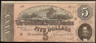 Au 1864 $5 Dollar Confederate States Currency Civil War Note Old Paper Money T69
