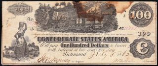Scarce 1862 $100 Confederate Csa " Train " Note 18081