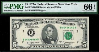 1977a $5 York Federal Reserve Note Frn 1975 - B • B - B Block • Pmg 66 Epq