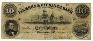 1853 Charleston South Carolina Farmers & Exchange Bank $10 Obsolete Currency