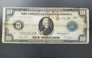 1914 $10 Blue Seal Large Size Federal Reserve Currency Note Bill Circulated