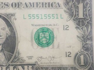 $1 One Dollar Federal Reserve Note - Fancy Serial Number - Repeater Binary 5 
