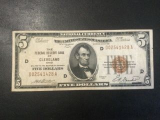 1929 National Currency Cleveland - Ohio 5 Dollars Banknote