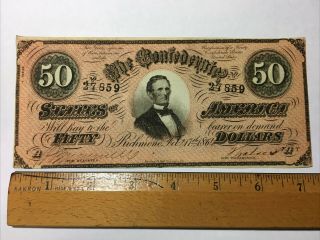 1864 Confederate States Of America Fifty Dollar Bank Note Richmond Exc