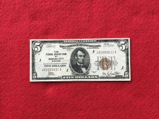 Fr - 1850j 1929 Series $5 Kansas City Federal Reserve Bank Note Frbn Very Fine