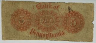 1855 Philadelphia Pa BANK OF PENNSYLVANIA $5 Obsolete Currency SCARCE 2