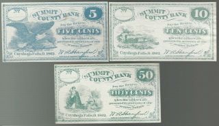 U.  S.  A.  Ohio,  Summit County Bank,  Cuyahoga Falls 5/10/50 Cents 1862 Unc Set Of 3