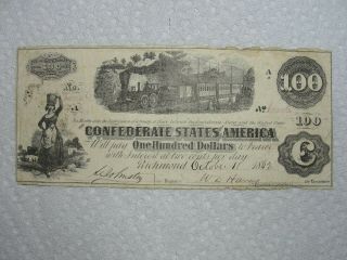 1862 $100 Dollar Confederate States Currency Civil War Train Note T - 40 (1 0f 2)
