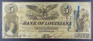 1862 Orleans - Bank Of Louisiana $5 “forced Issue” Banknote.