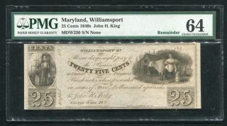 1840’s 25 Cents John H.  King Williamsport,  Md Obsolete Remainder Pmg Unc - 64