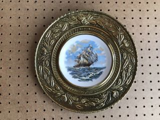 Vintage Alfred Meakin Ship Plate With Brass/tin Trim - Wall Hanging - Euc 10 Inch.