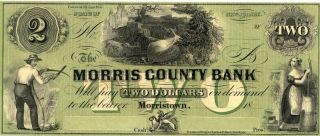 Jersey Morris County Bank $2 Dollars Obsolete Currency Ca 1850 Cu
