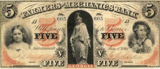 Georgia Farmers & Mechanics Bank $5 Dollars Obsolete Currency 1860