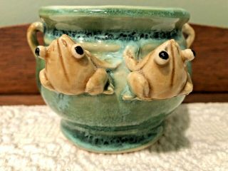 Vintage Green & Blue,  Hand Crafted Pottery Vase/planter,  Decorated With Frogs