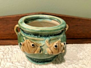 VINTAGE GREEN & BLUE,  HAND CRAFTED POTTERY VASE/PLANTER,  DECORATED WITH FROGS 2