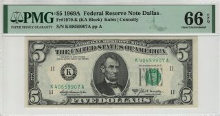 1969 A $5 Federal Reserve Note Dallas Fr.  1970 - K Ka Block Pmg Gem Unc 66 Epq (907a