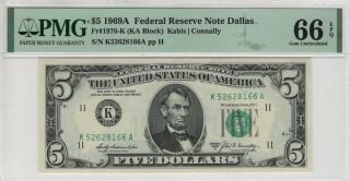 1969 A $5 Federal Reserve Note Dallas Fr.  1970 - K Ka Block Pmg Gem Unc 66 Epq (166a