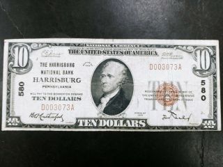 1929 Type 1 $10 Harrisburg National Bank Of Harrisburg Pa Pennsylvania Note.